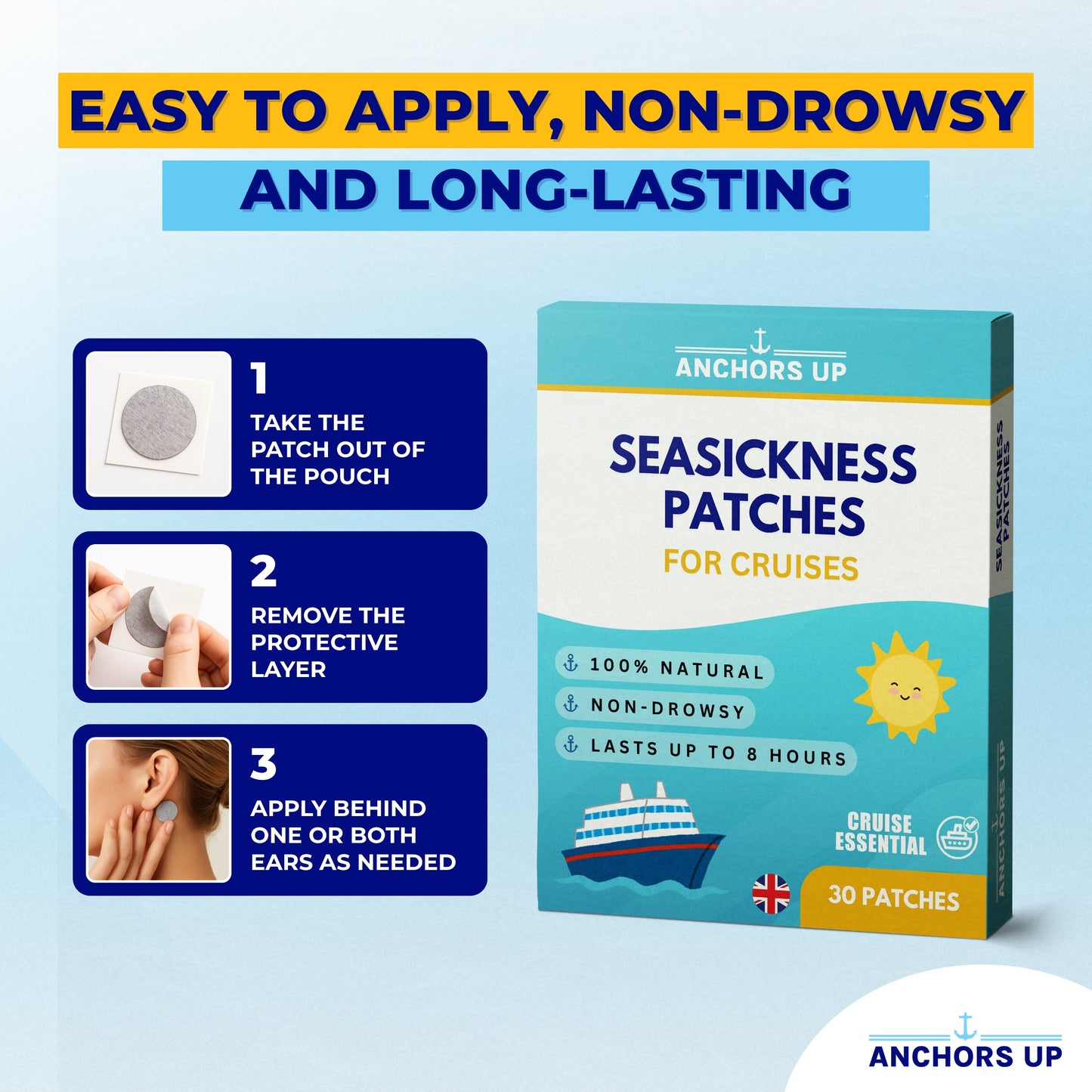Motion and Sea Sickness Patches for Cruises - Natural Relief for Seasickness (30pcs)
