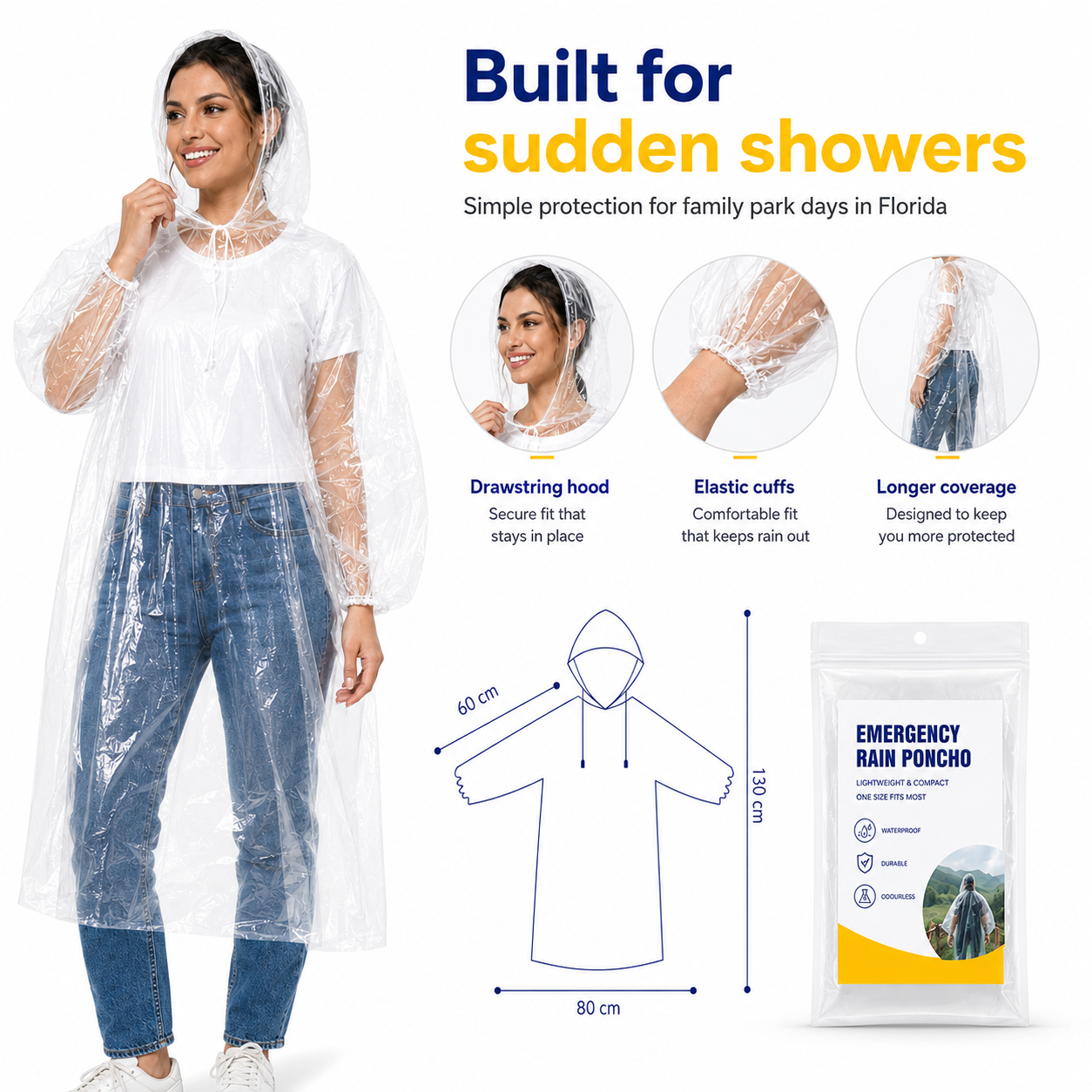 Theme Park Rain Ponchos - Lightweight Waterproof Cover for Florida Showers - Set of 2