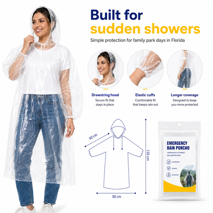 Theme Park Rain Ponchos - Lightweight Waterproof Cover for Florida Showers - Set of 2