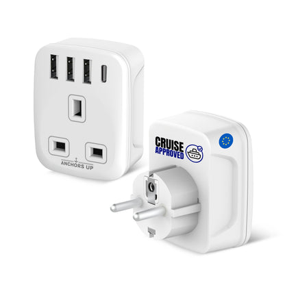 Cruise Approved UK to EU Travel Adapter 5-in-1 (1 UK + 3 USB-A + 1 USB-C)