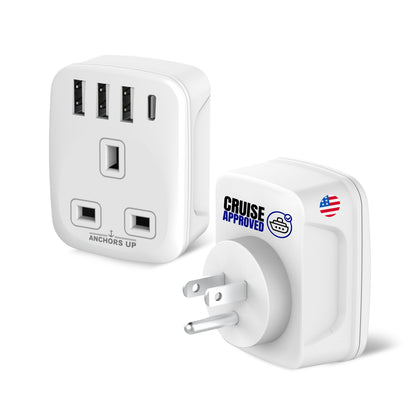 Cruise Approved UK to US Travel Adapter 5-in-1 (1 UK + 3 USB-A + 1 USB-C)