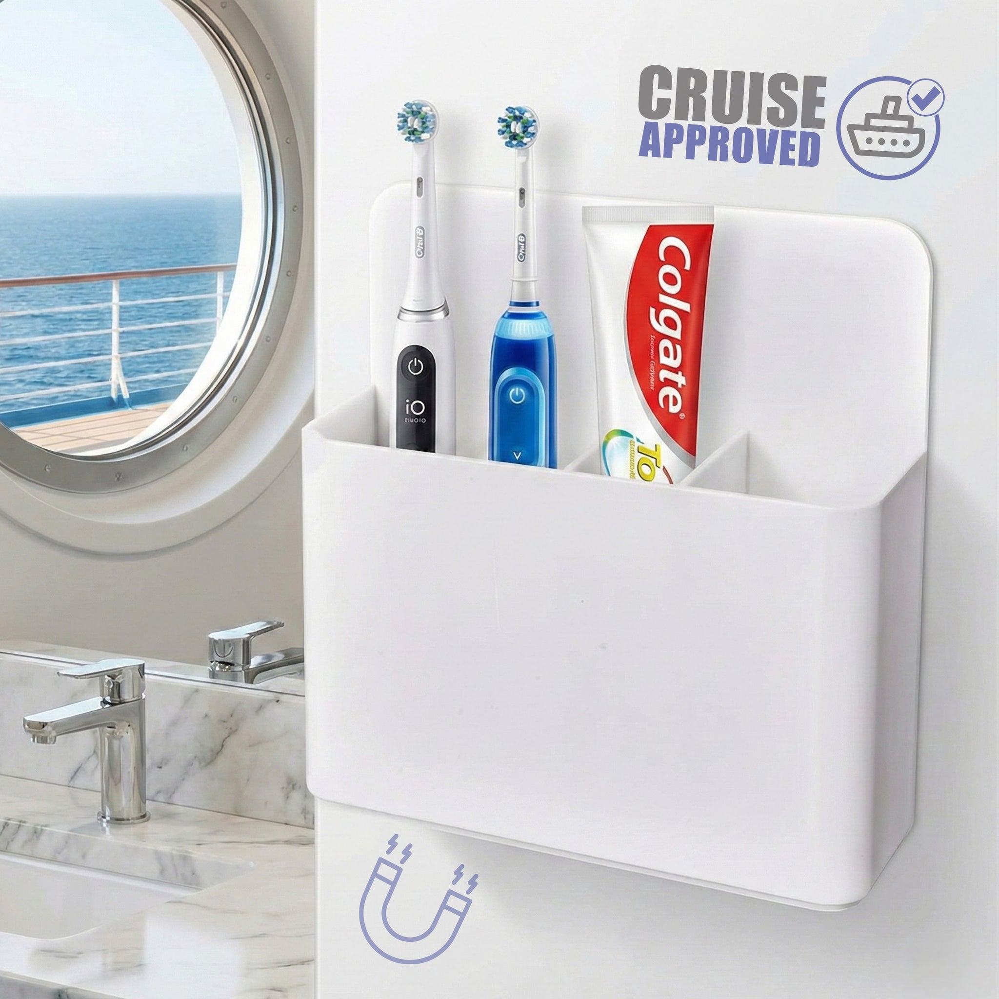 Magnetic toothbrush holder for cruise cabins