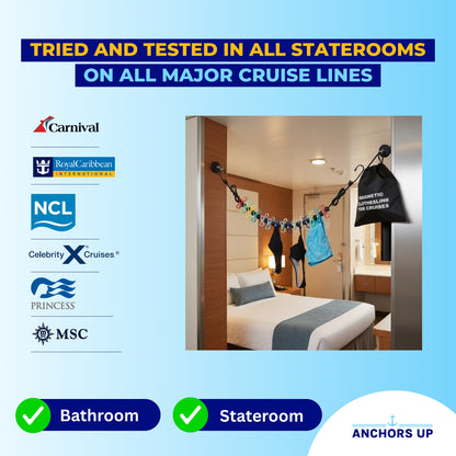 Magnetic Clothesline for Cruise Cabin & Bathroom - Cruise Approved with Non-Scratch Magnets