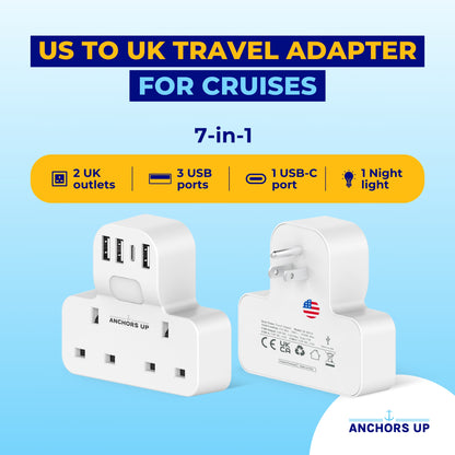 Cruise Approved UK to US Travel Adaptor 7-in-1  (2 UK + 3 USB-A + 1 USB-C + Night Light)