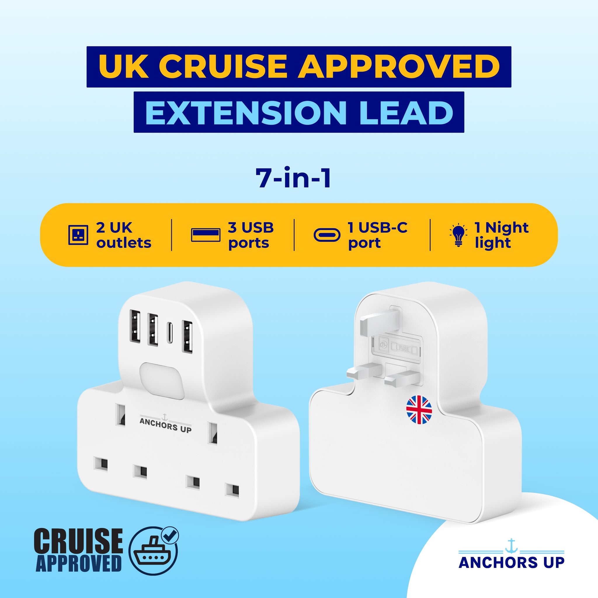 Cruise Approved UK Multi-Plug Adaptor | 7-in-1 with USB & Night Light