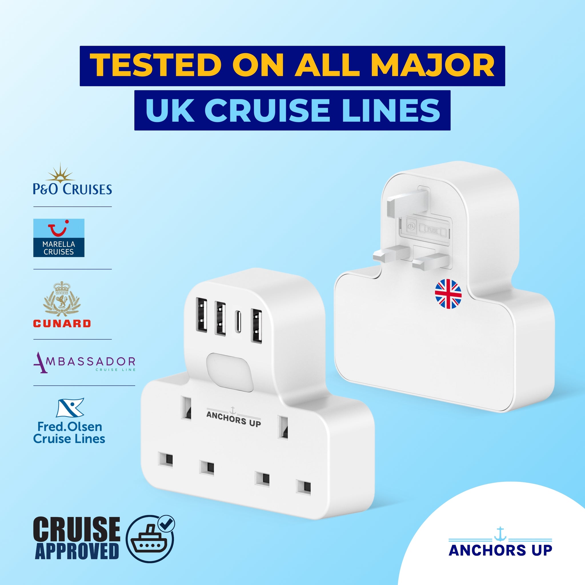Cruise Approved UK Multi-Plug Adaptor | 7-in-1 with USB & Night Light