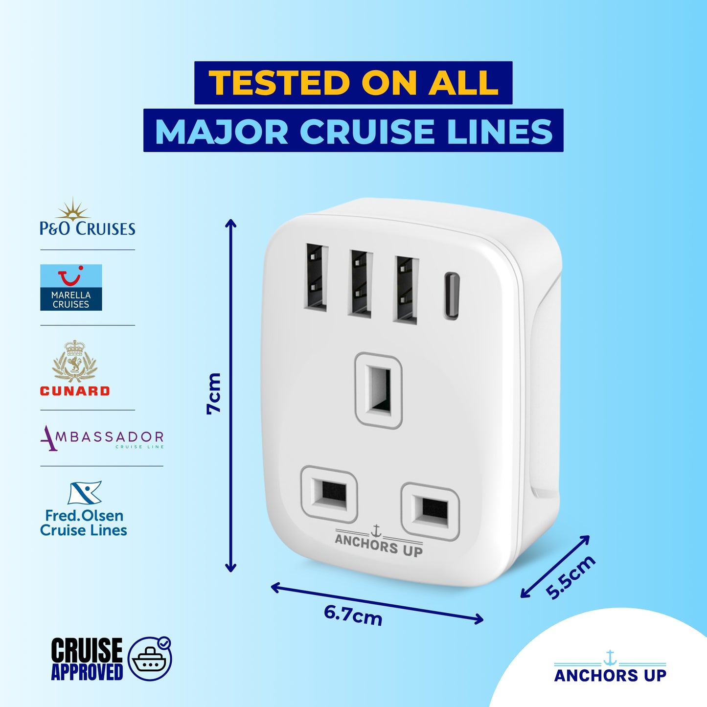 Cruise Approved UK Plug Extender 5-in-1 (1 UK + 3 USB-A + 1 USB-C)