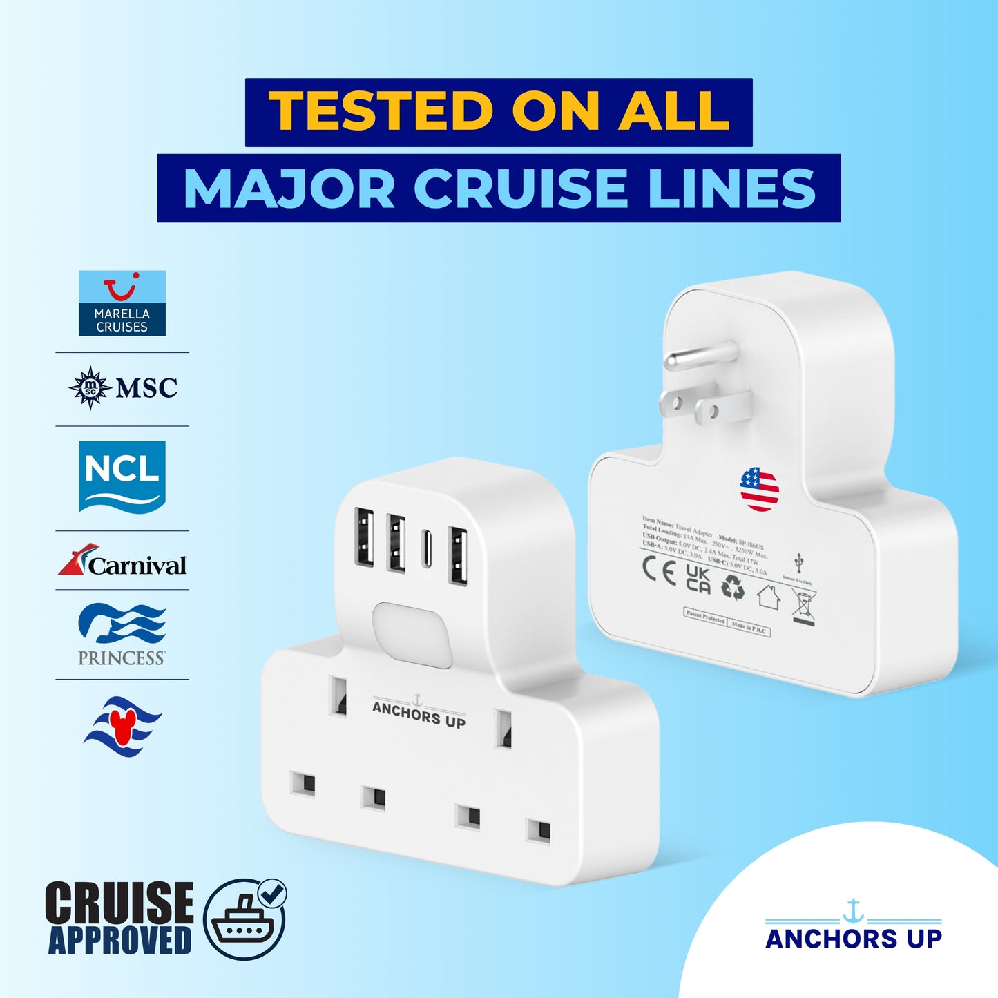 Cruise Approved UK to US Travel Adaptor 7-in-1  (2 UK + 3 USB-A + 1 USB-C + Night Light)