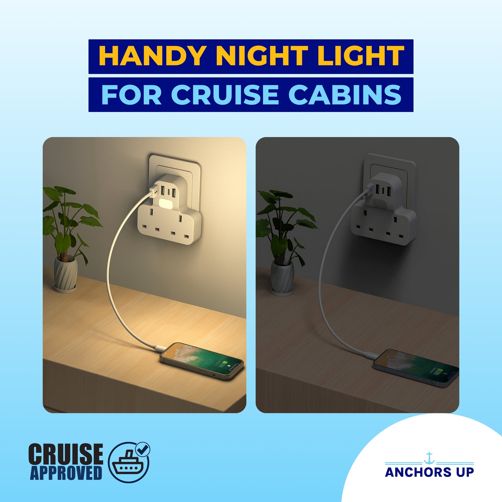 Cruise Approved UK Multi-Plug Adaptor | 7-in-1 with USB & Night Light