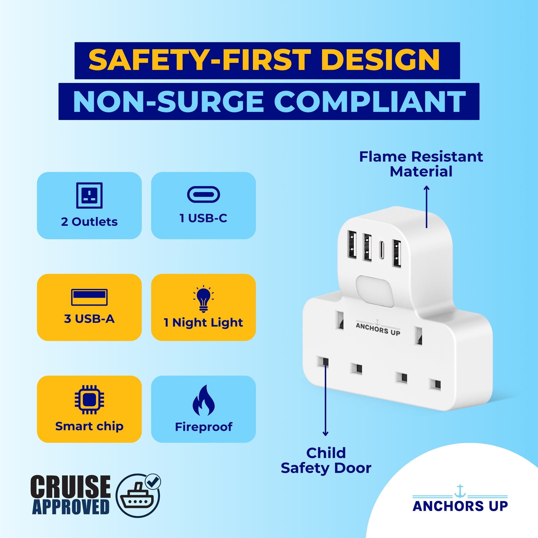 Cruise Approved UK Multi-Plug Adaptor | 7-in-1 with USB & Night Light