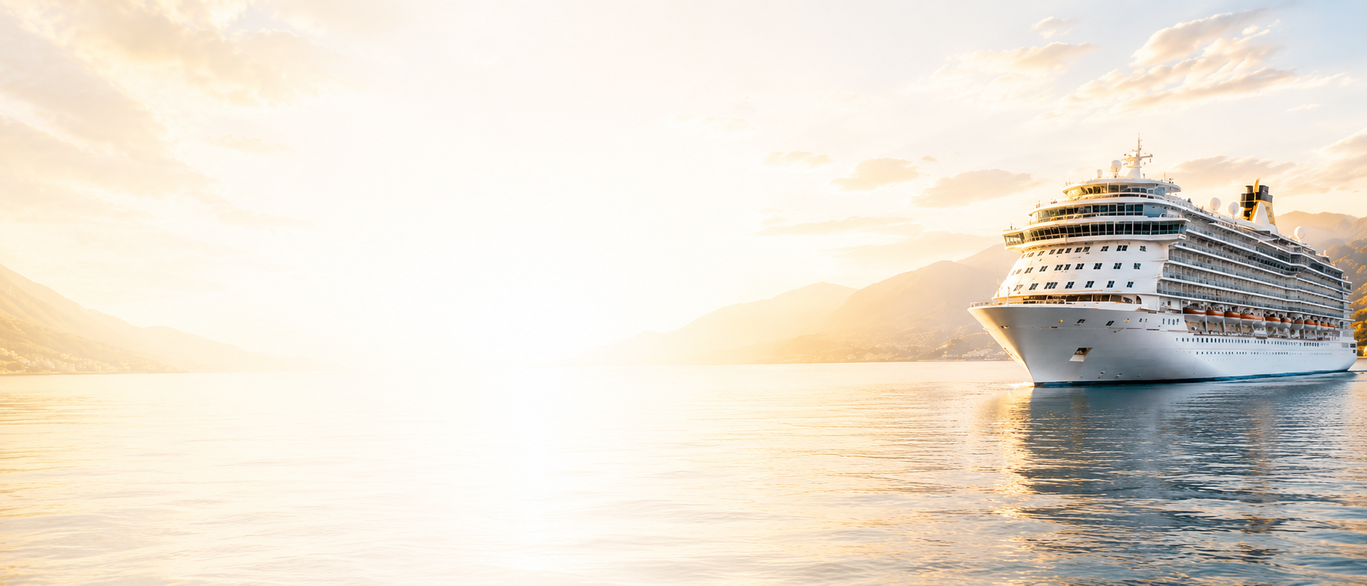 Cruise ship sailing on water with a sunset in the background