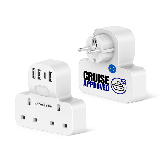 Cruise Approved UK to EU Travel Adaptor 7-in-1  (2 UK + 3 USB-A + 1 USB-C + Night Light) | Perfect for P&O, Marella, MSC and more