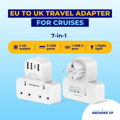 Cruise Approved UK to EU Travel Adaptor 7-in-1  (2 UK + 3 USB-A + 1 USB-C + Night Light) | Perfect for P&O, Marella, MSC and more