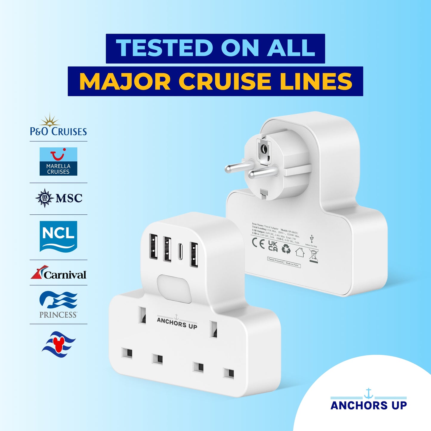 Cruise Approved UK to EU Travel Adaptor 7-in-1  (2 UK + 3 USB-A + 1 USB-C + Night Light) | Perfect for P&O, Marella, MSC and more