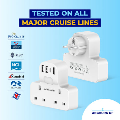 Cruise Approved UK to EU Travel Adaptor 7-in-1  (2 UK + 3 USB-A + 1 USB-C + Night Light) | Perfect for P&O, Marella, MSC and more