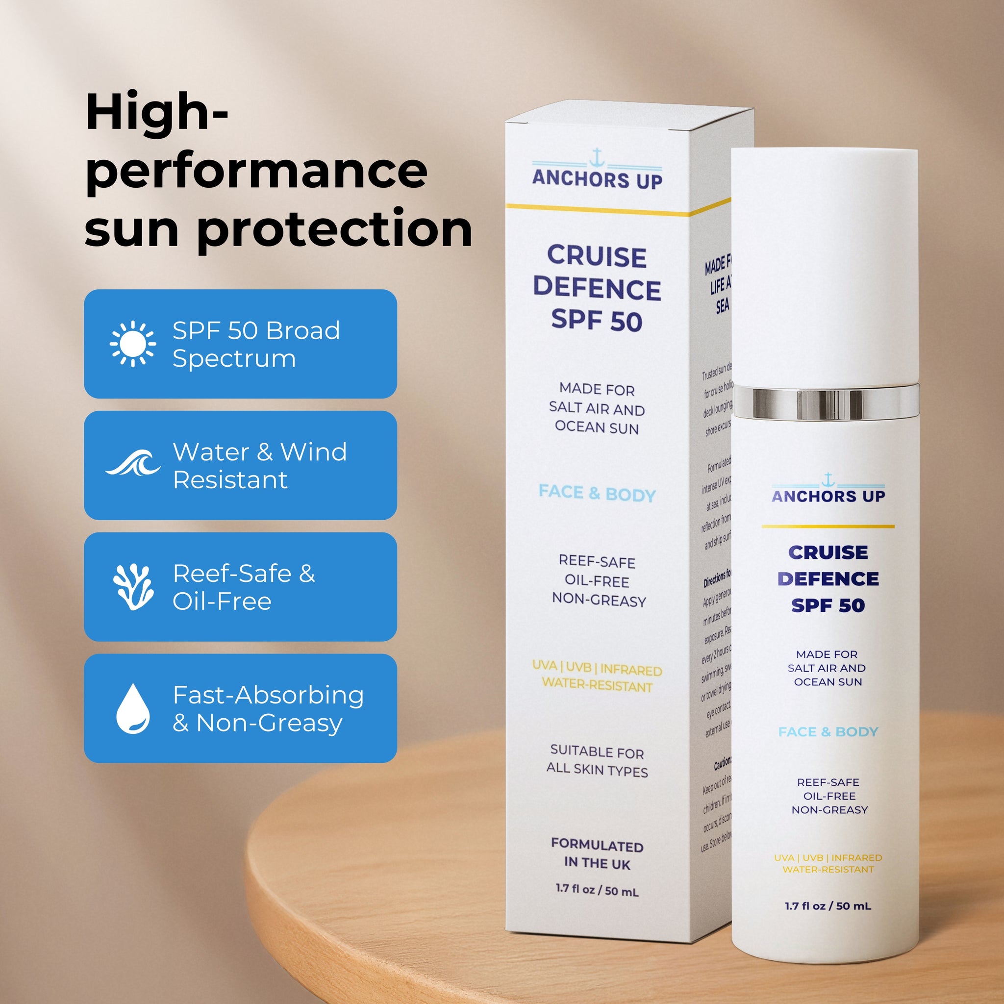 Close-up of SPF 50 cruise sunscreen bottle