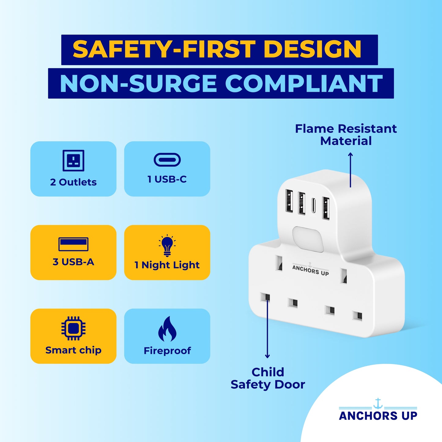 Cruise Approved UK to EU Travel Adaptor 7-in-1  (2 UK + 3 USB-A + 1 USB-C + Night Light) | Perfect for P&O, Marella, MSC and more