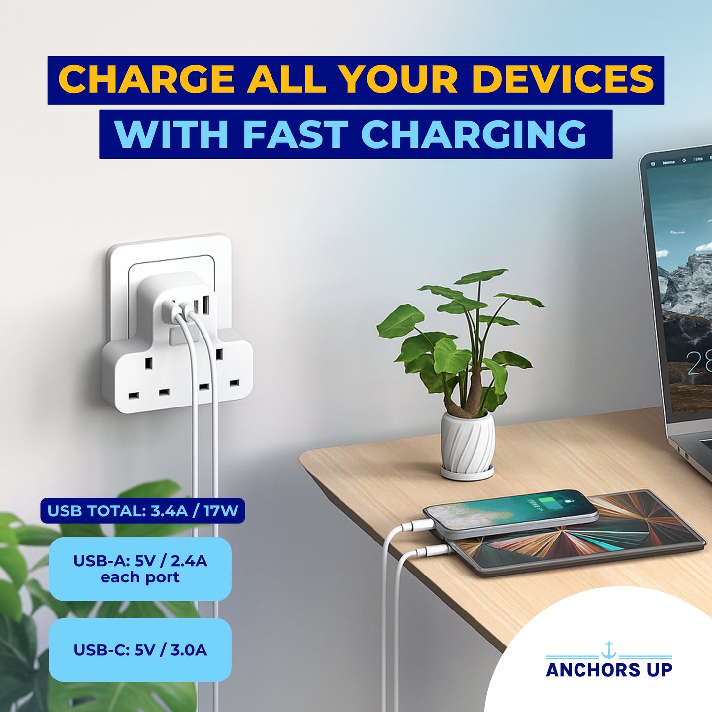 Cruise Approved UK to EU Travel Adaptor 7-in-1  (2 UK + 3 USB-A + 1 USB-C + Night Light) | Perfect for P&O, Marella, MSC and more