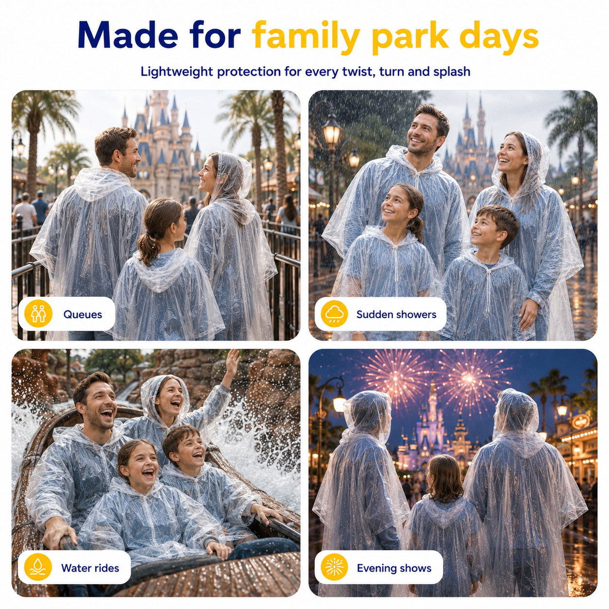 Theme Park Rain Ponchos - Lightweight Waterproof Cover for Florida Showers - Set of 2