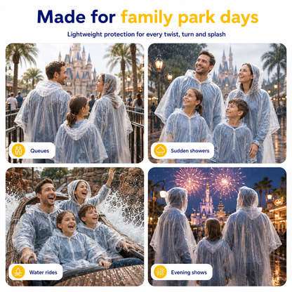Theme Park Rain Ponchos - Lightweight Waterproof Cover for Florida Showers - Set of 2