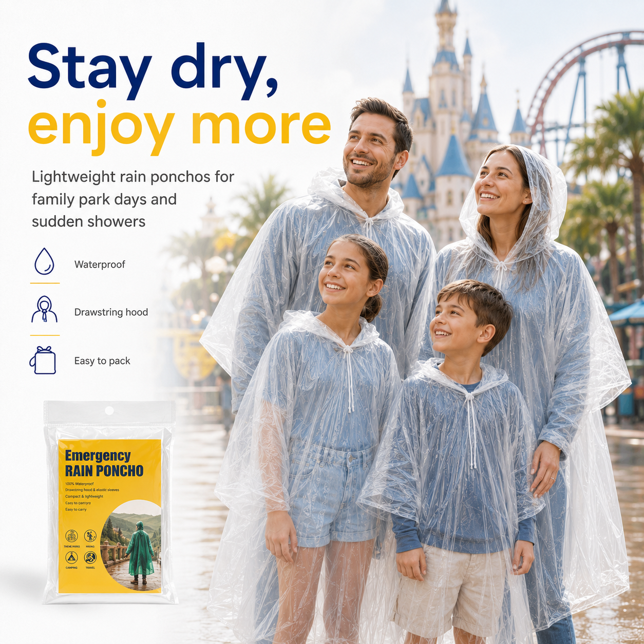 Theme Park Rain Ponchos - Lightweight Waterproof Cover for Florida Showers - Set of 2